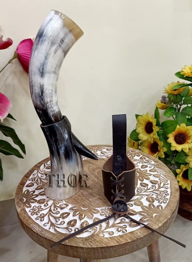 THOR INSTRUMENTS كوب شرب على شكل قرن فايكنغ مع حامل بيرة / حزام من الجلد الطبيعي / تشطيب طبيعي عتيق / هدية أصلية من العصور الوسطى / ديكور منزلي ريفي عتيق - Image 2